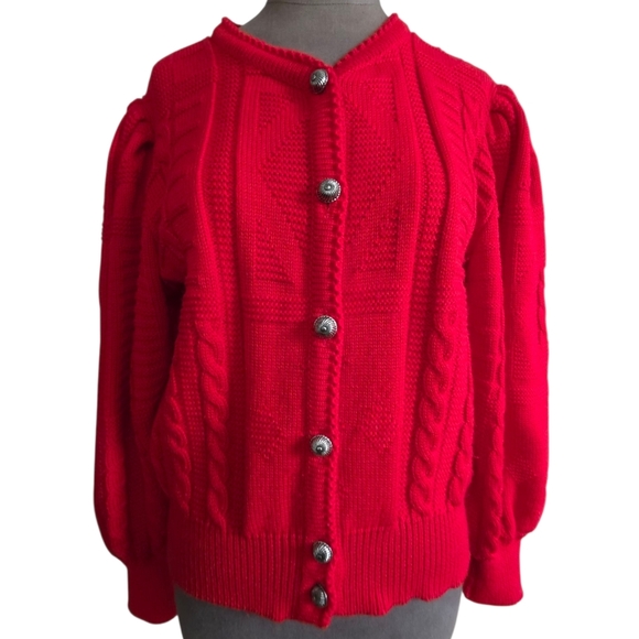 Vintage Red Austrian Wool Puff Sleeve Cardigan Sz EU 44/ US LG Salzburger Dirndl - Picture 13 of 16